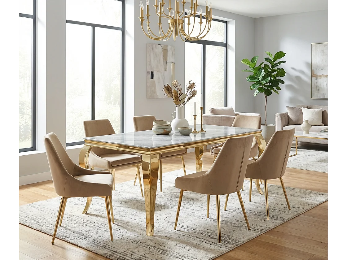 Table à manger verre marbré greige pieds acier doré 180x90 cm BAROQUE