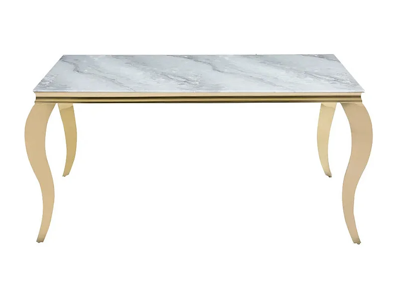 Table à manger BAROQUE 6 à 8 couverts 180x90 cm pieds gold plateau en verre effet marbré greige