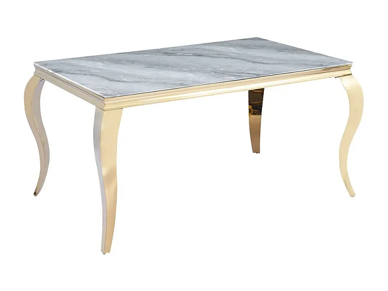 Table à manger verre marbré greige pieds acier doré 180x90 cm BAROQUE