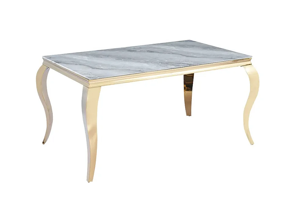 Table à manger BAROQUE 4 à 6 couverts 150x90 cm pieds gold plateau en verre effet marbré greige