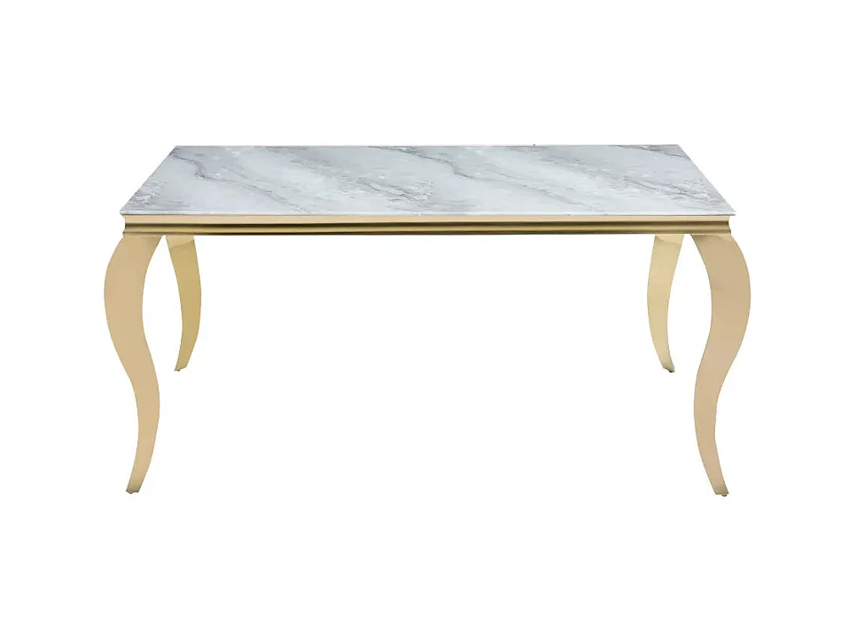 Table à manger BAROQUE 4 à 6 couverts 150x90 cm pieds gold plateau en verre effet marbré greige