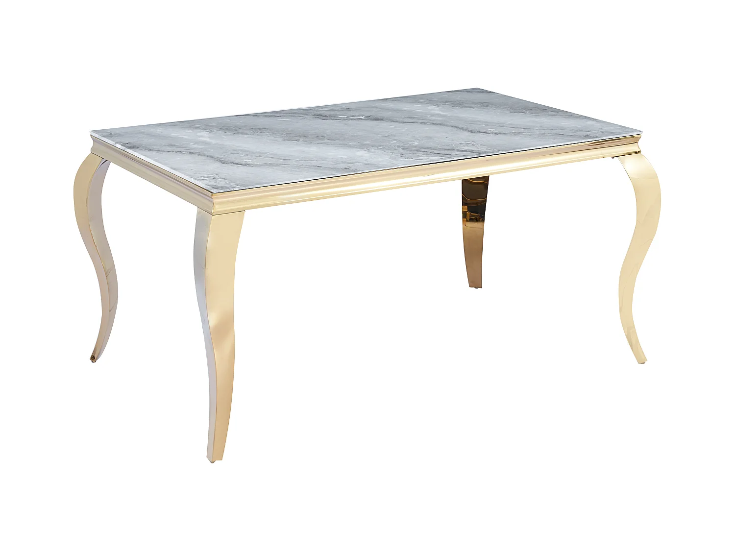 Table à manger BAROQUE 4 à 6 couverts 150x90 cm pieds gold plateau en verre effet marbré greige