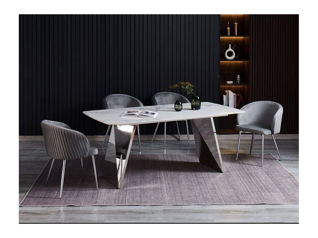 Table à Manger GRAFFI – 180x90 cm – Chrome & Céramique Marbre Blanc
