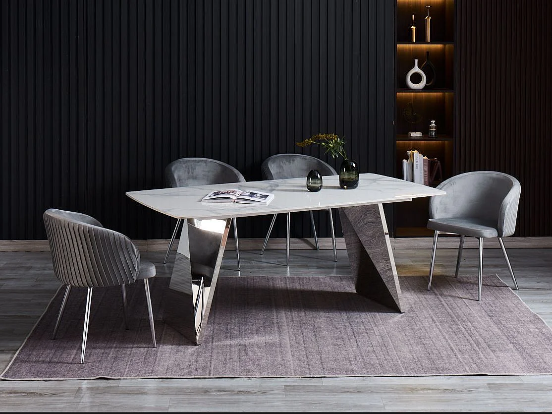 Table à Manger GRAFFI – 180x90 cm – Chrome & Céramique Marbre Blanc