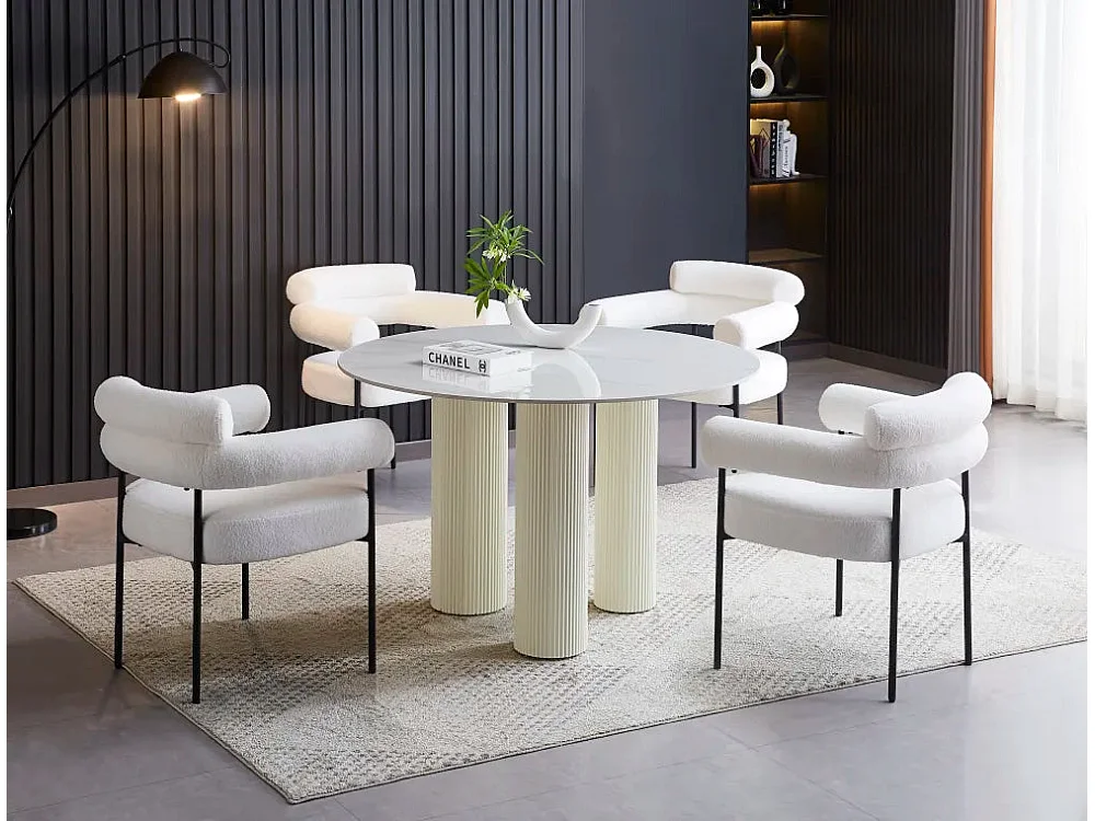 Table repas ronde céramique marbré blanc 120 cm pieds beiges – ANAIS