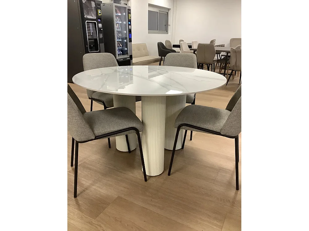 Table repas ronde céramique marbré blanc 120 cm pieds beiges – ANAIS