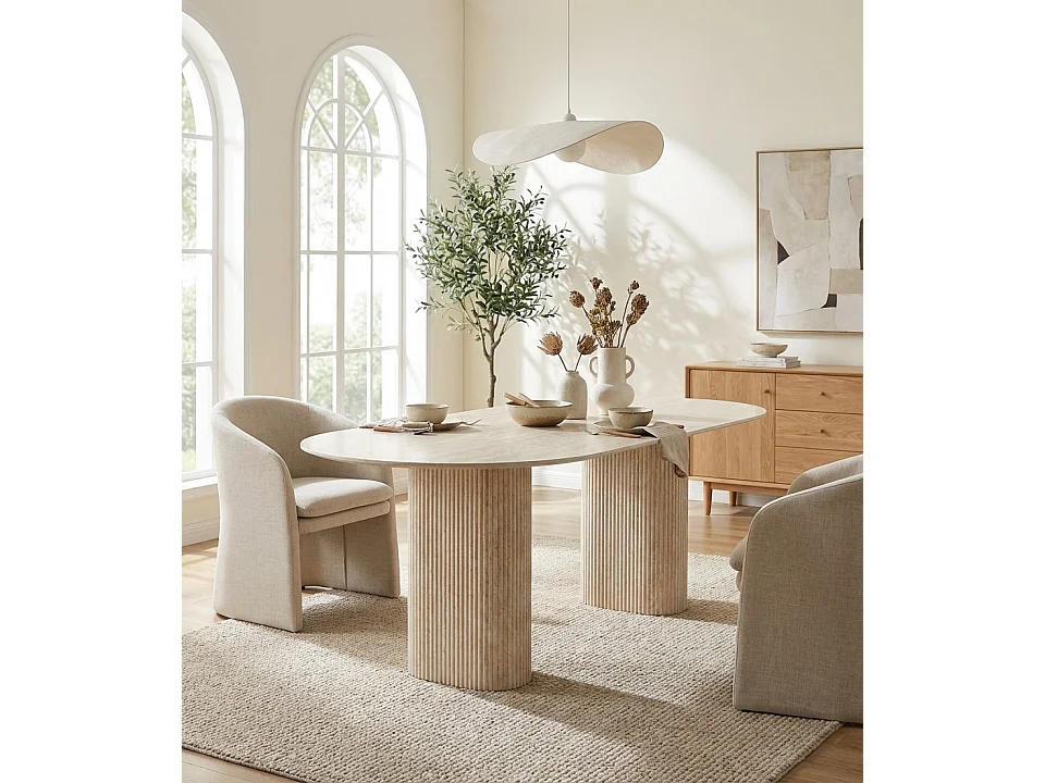 Table à manger céramique effet travertin 160x90 cm pied effet travertin – ROXY