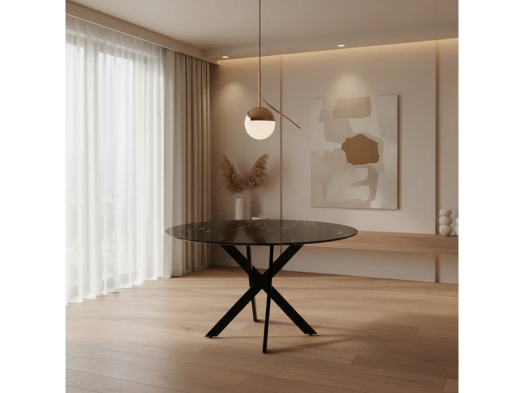 Table à manger ronde MARBRE NOIR JESSICA Métal noir XXL 120 cm 4 couverts