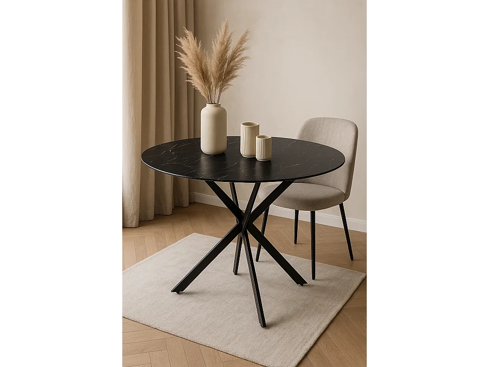 Table a manger ronde MARBRE NOIR JESSICA Métal noir XXL 120 cm 4 couverts
