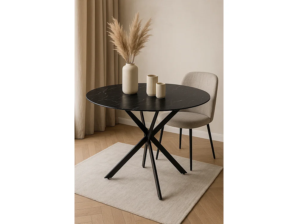 Table à manger ronde MARBRE NOIR JESSICA Métal noir XXL 120 cm 4 couverts