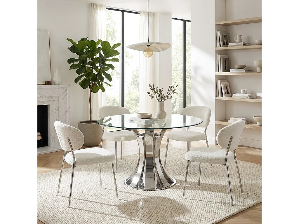 Table à manger ronde 120 cm verre trempé piétement chromé 6 personnes - JUDITH