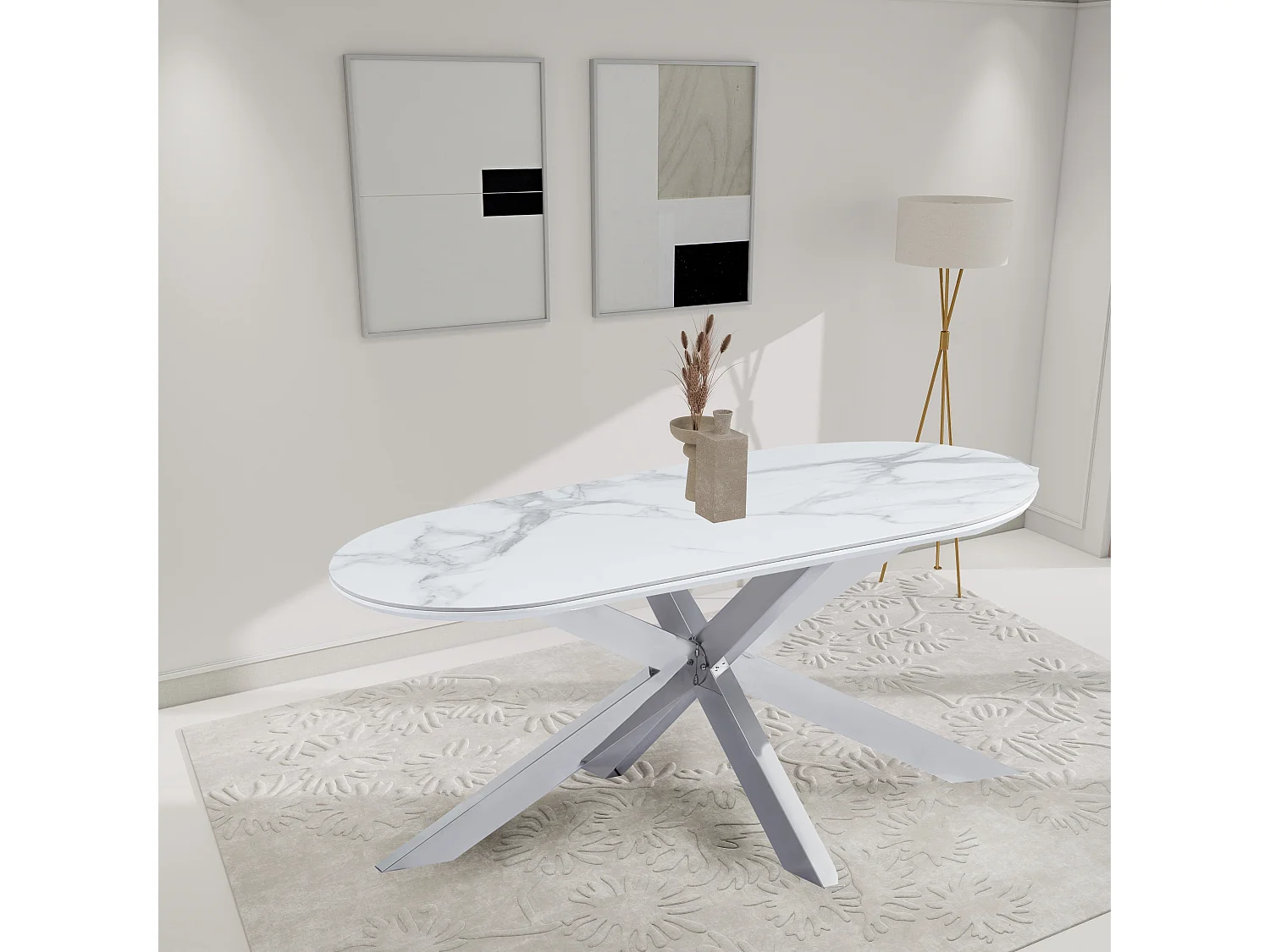 Table à Manger MANON – Chrome & Céramique Marbre Blanc – 200x90 cm