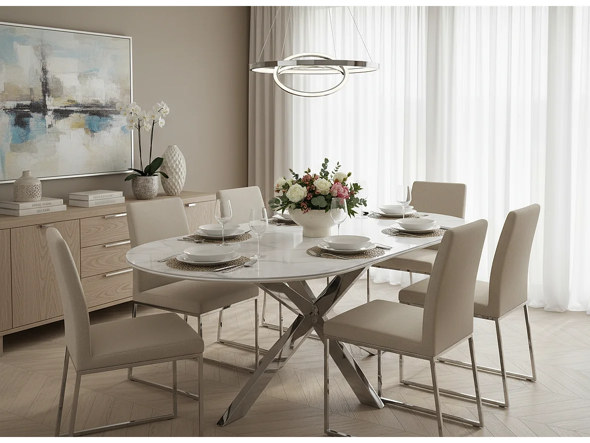 Table à Manger MANON – Chrome & Céramique Marbre Blanc – 200x90 cm