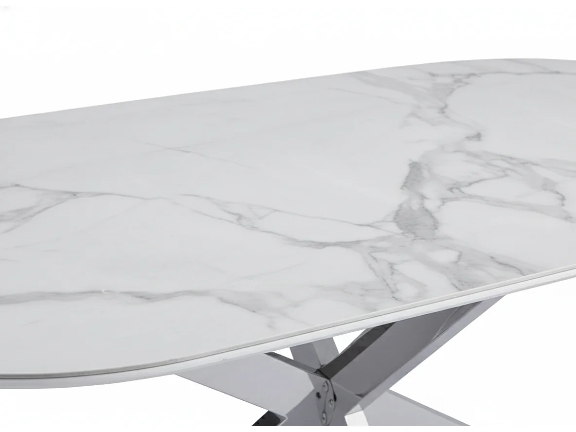 Table à Manger MANON – Chrome & Céramique Marbre Blanc – 200x90 cm