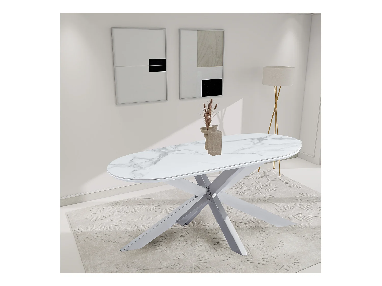 Table à Manger MANON – Chrome & Céramique Marbre Blanc – 200x90 cm
