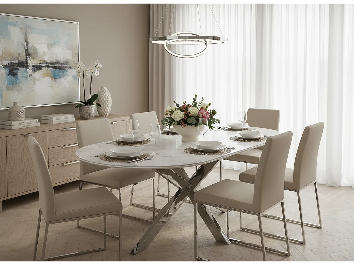 Table à Manger MANON – Chrome & Céramique Marbre Blanc – 200x90 cm