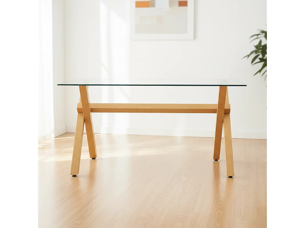 Table à Manger IXE – 180x90 cm – Bois XXL & Plateau Verre Transparent