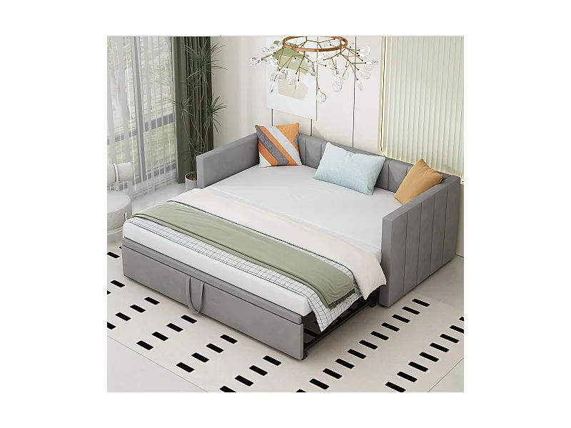 Ausziehbares Schlafsofa - 90/180 x 200 cm - mit Lattenrost - Samt - hellgrau