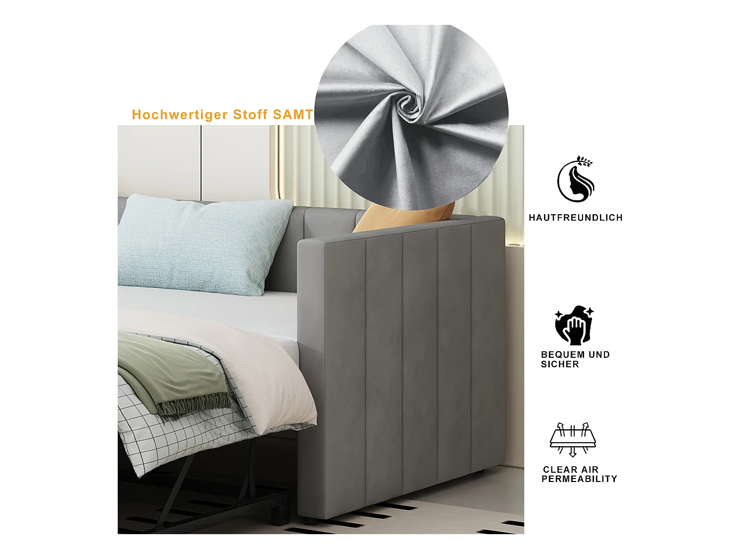 Ausziehbares Schlafsofa - 90/180 x 200 cm - mit Lattenrost - Samt - hellgrau