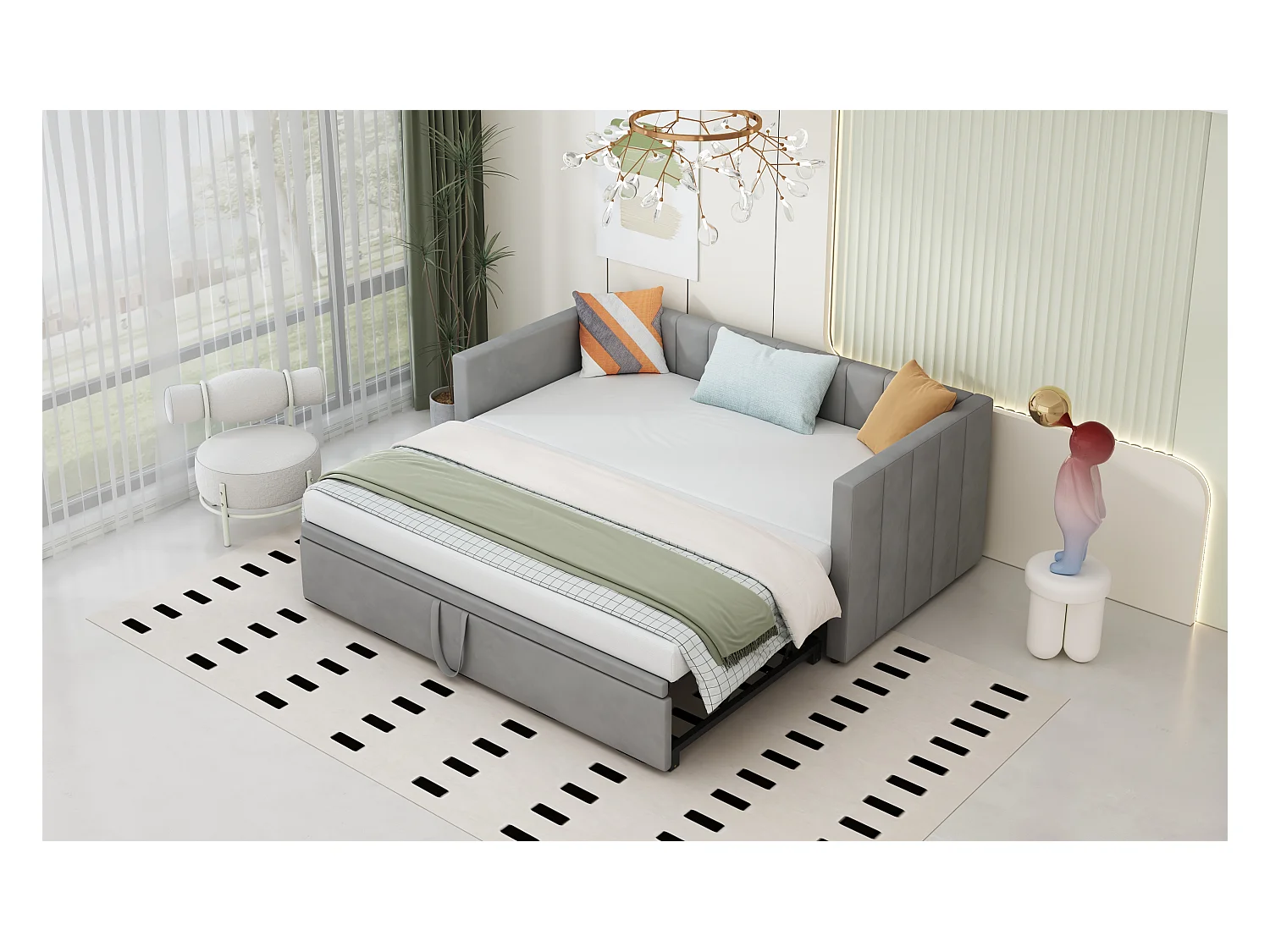 Ausziehbares Schlafsofa - 90/180 x 200 cm - mit Lattenrost - Samt - hellgrau