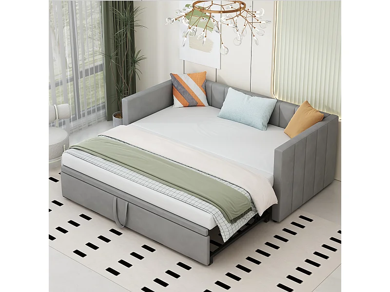 Sofa rozkładana - 90/180 x 200 cm - z podstawą z listew - aksamit - jasnoszary