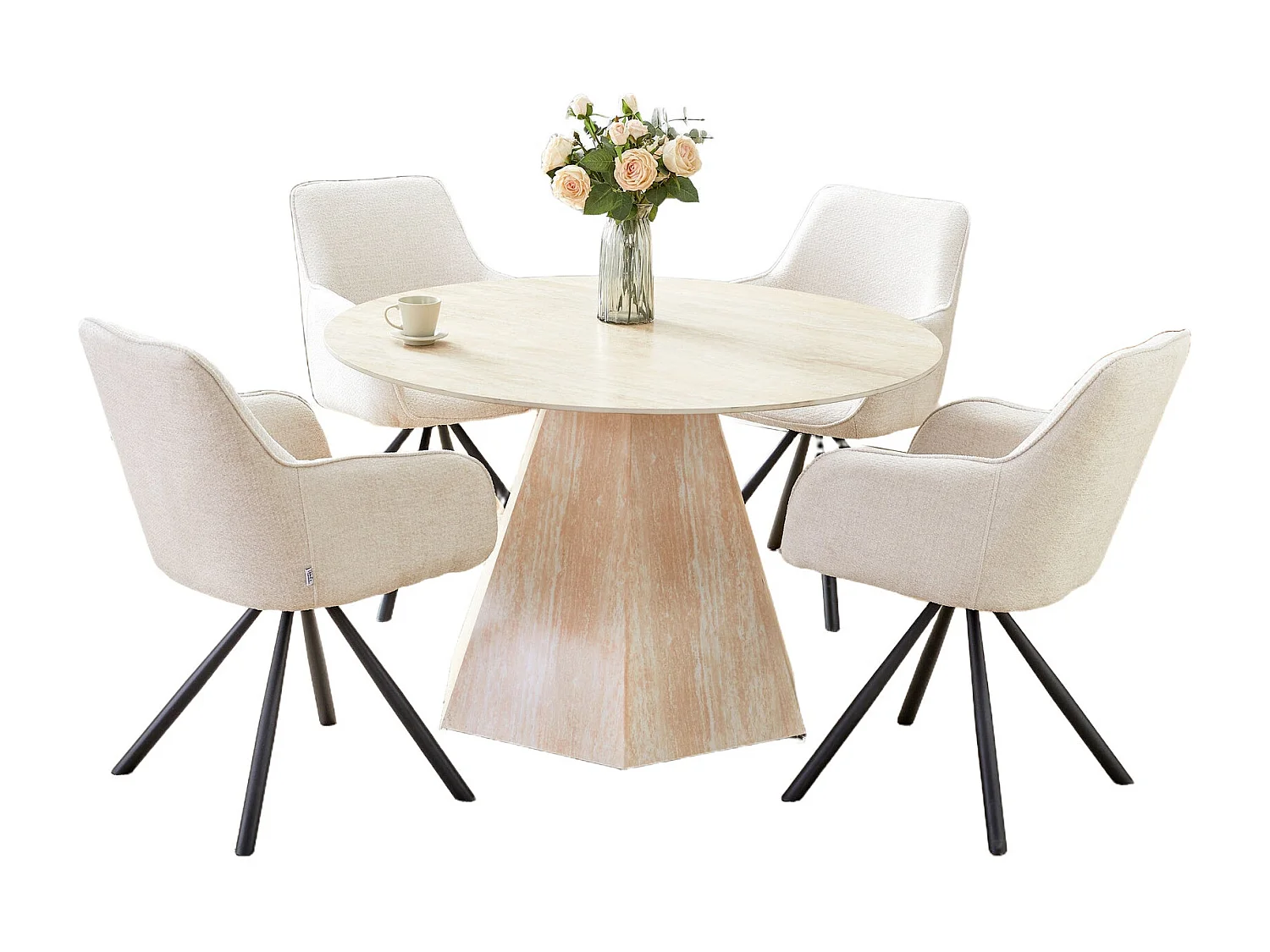 Table Repas Ronde SOLAL – Céramique & Pied Effet Travertin – Ø120x75 cm
