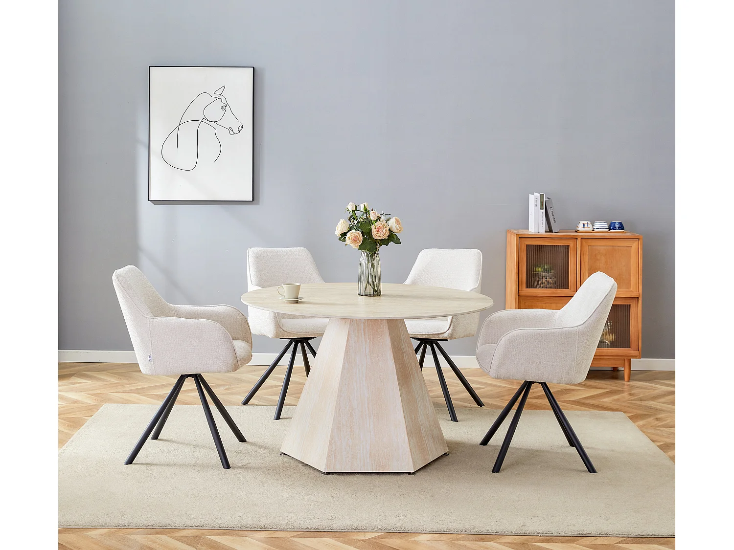 Table Repas Ronde SOLAL – Céramique & Pied Effet Travertin – Ø120x75 cm