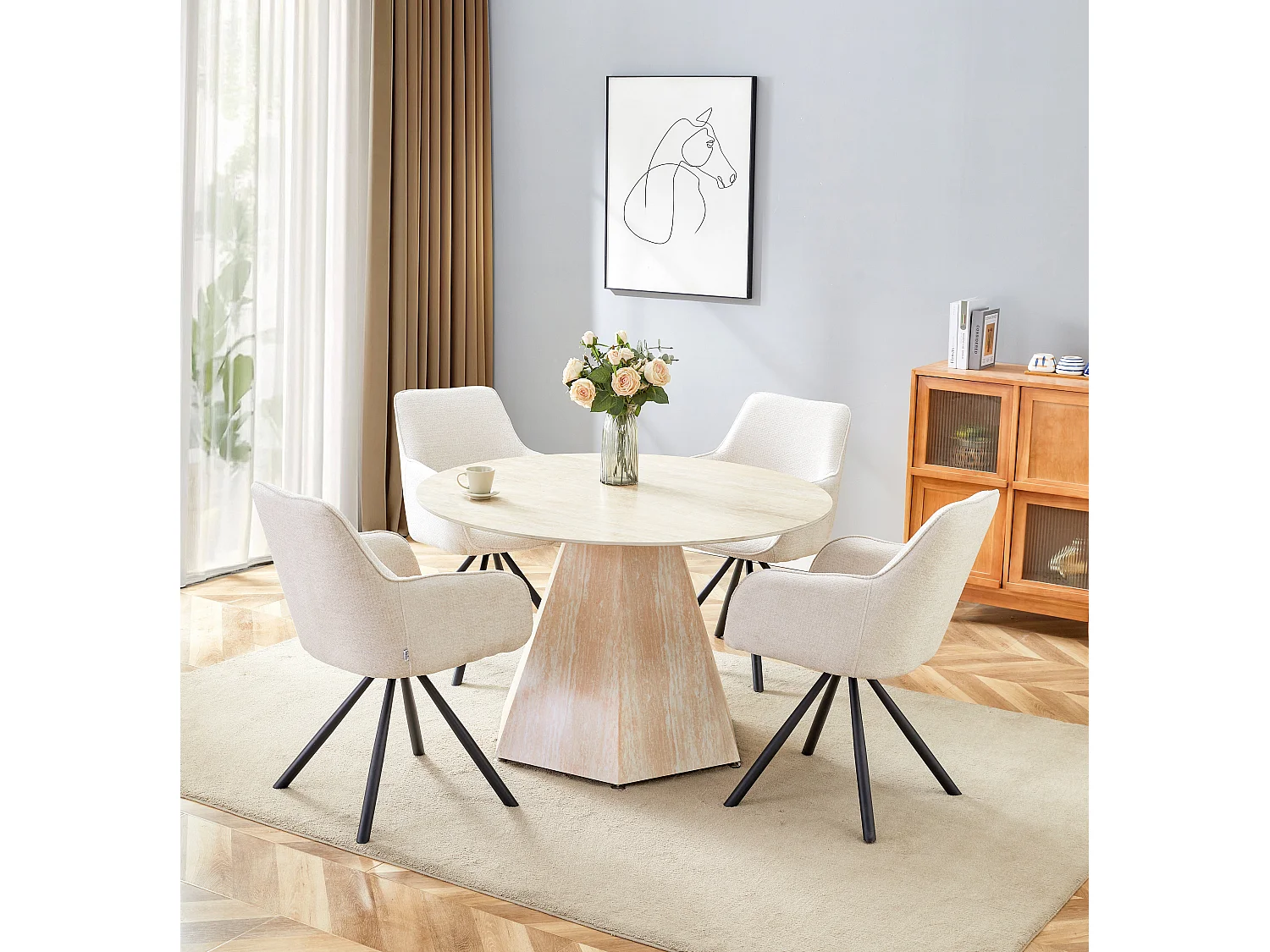 Table Repas Ronde SOLAL – Céramique & Pied Effet Travertin – Ø120x75 cm