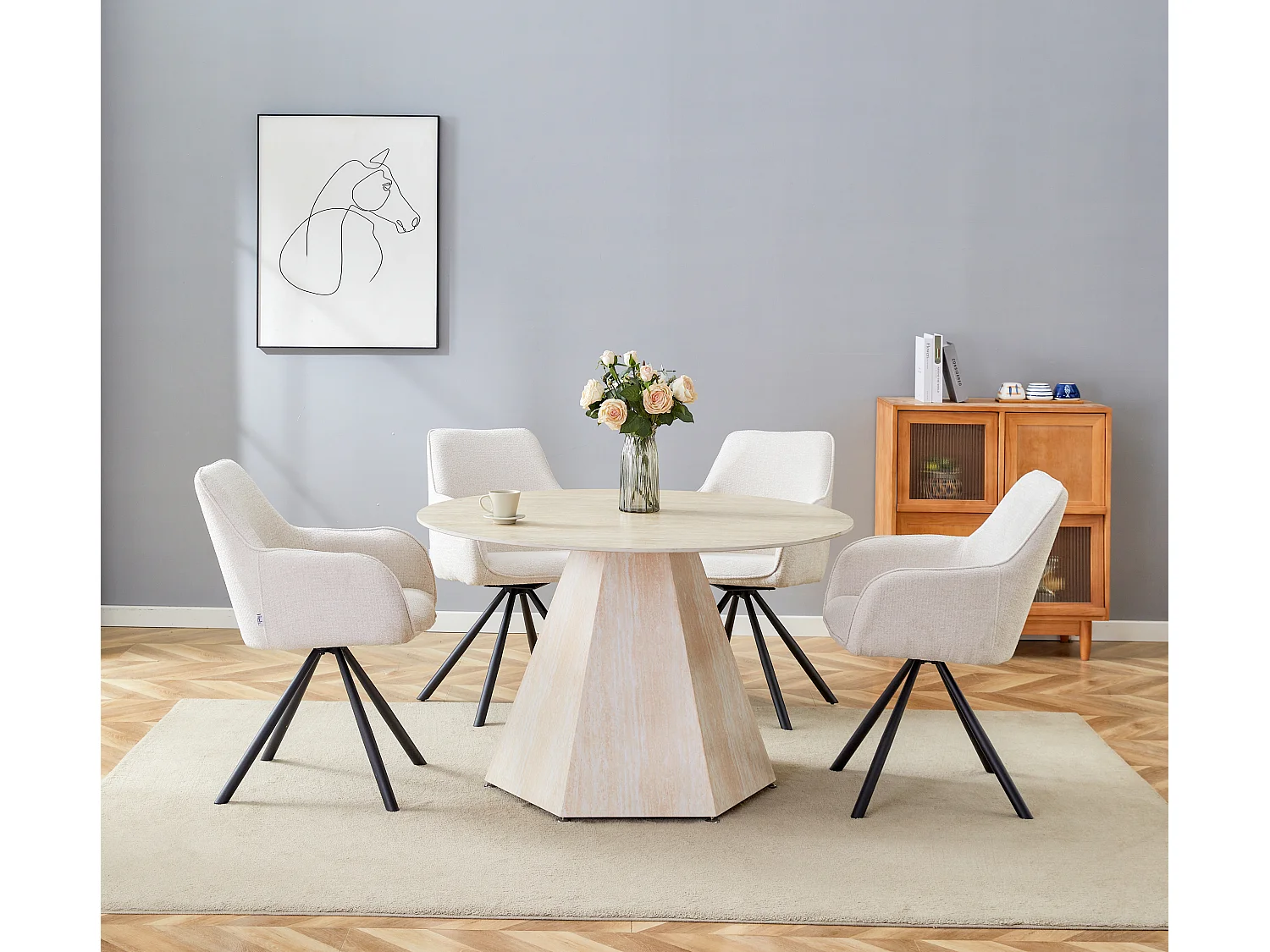 Table Repas Ronde SOLAL – Céramique & Pied Effet Travertin – Ø120x75 cm