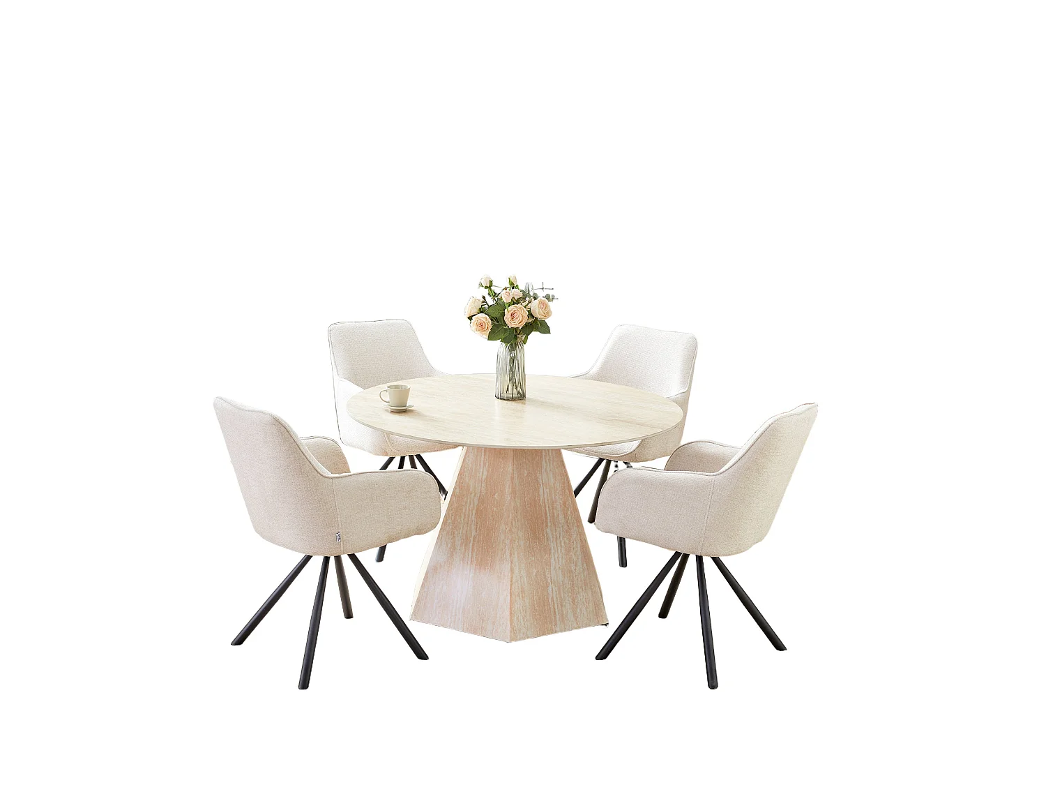 Table Repas Ronde SOLAL – Céramique & Pied Effet Travertin – Ø120x75 cm