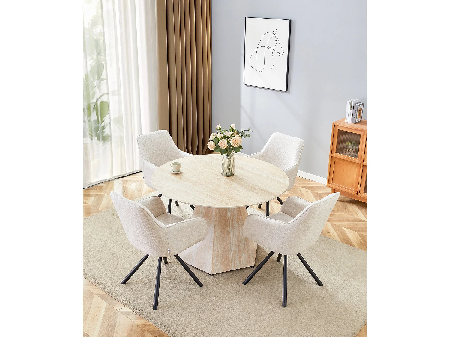 Table Repas Ronde SOLAL – Céramique & Pied Effet Travertin – Ø120x75 cm