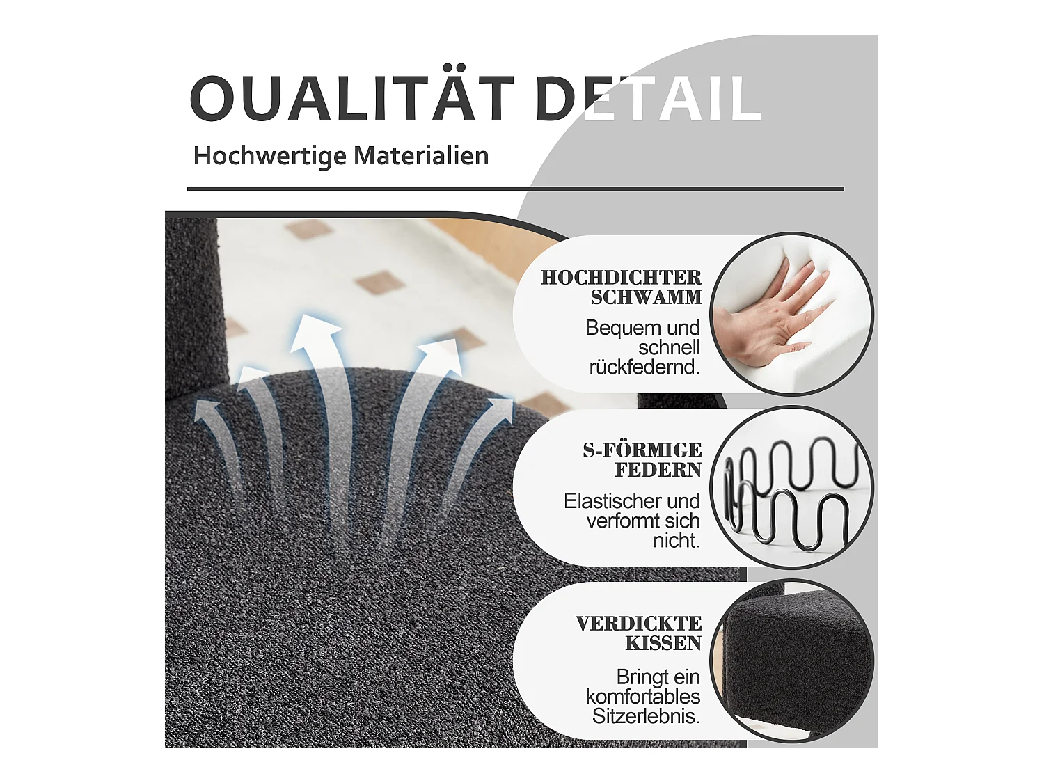 Fauteuils d'appoint pivotants à 360 degrés - 67 x 55 x 74 cm - avec coussins larges - Boucle - gris foncé