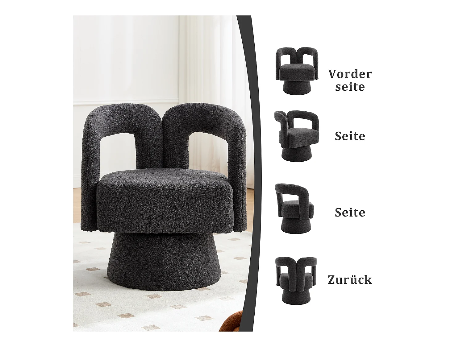 Fauteuils d'appoint pivotants à 360 degrés - 67 x 55 x 74 cm - avec coussins larges - Boucle - gris foncé