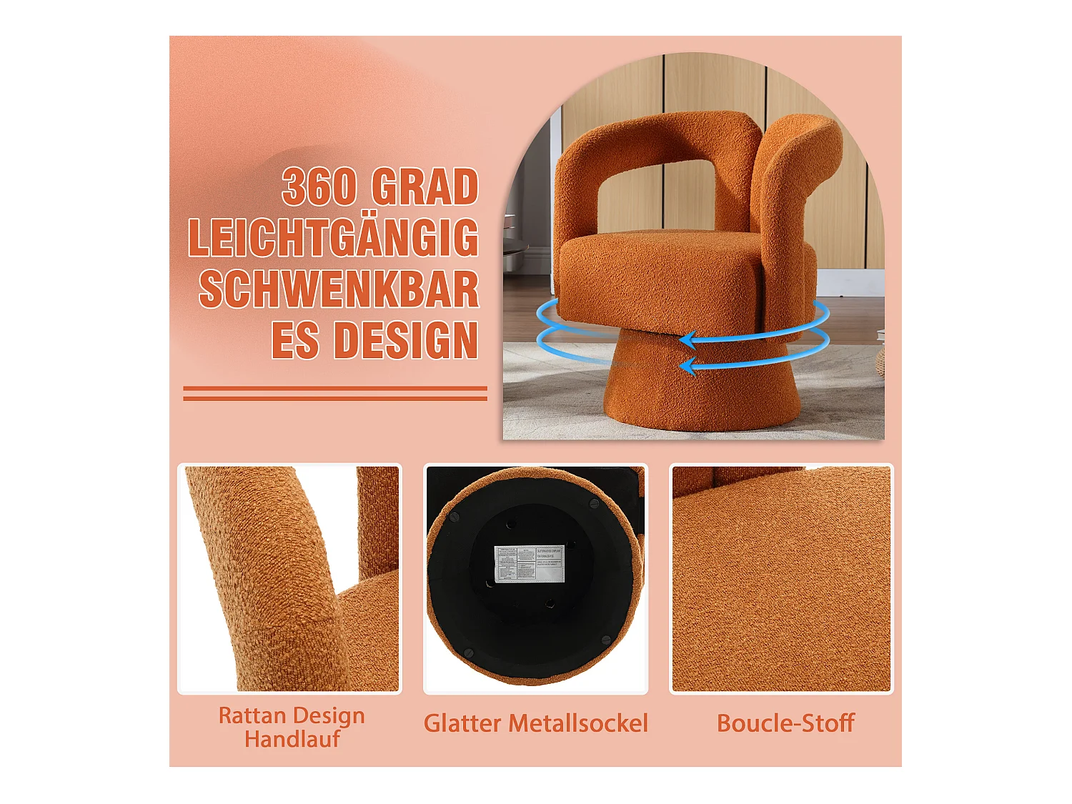 Fauteuils d'appoint pivotants à 360 degrés - 67 x 55 x 74 cm - avec coussins larges - Boucle - orange