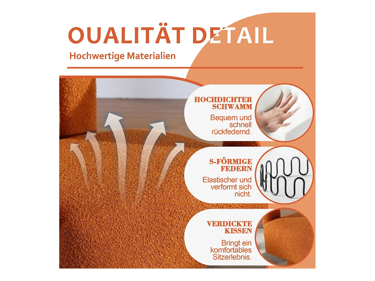 Fauteuils d'appoint pivotants à 360 degrés - 67 x 55 x 74 cm - avec coussins larges - Boucle - orange