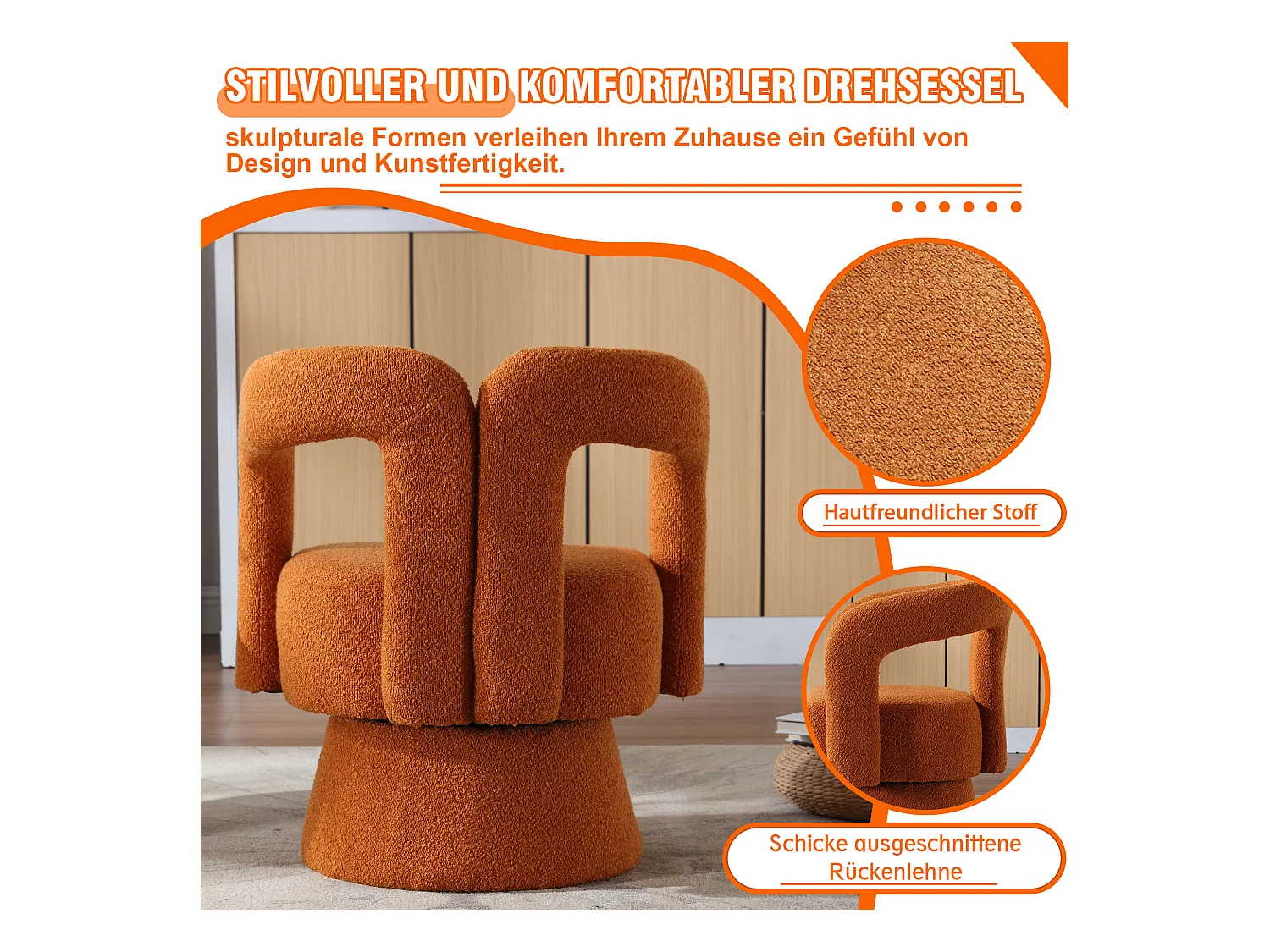 Fauteuils d'appoint pivotants à 360 degrés - 67 x 55 x 74 cm - avec coussins larges - Boucle - orange
