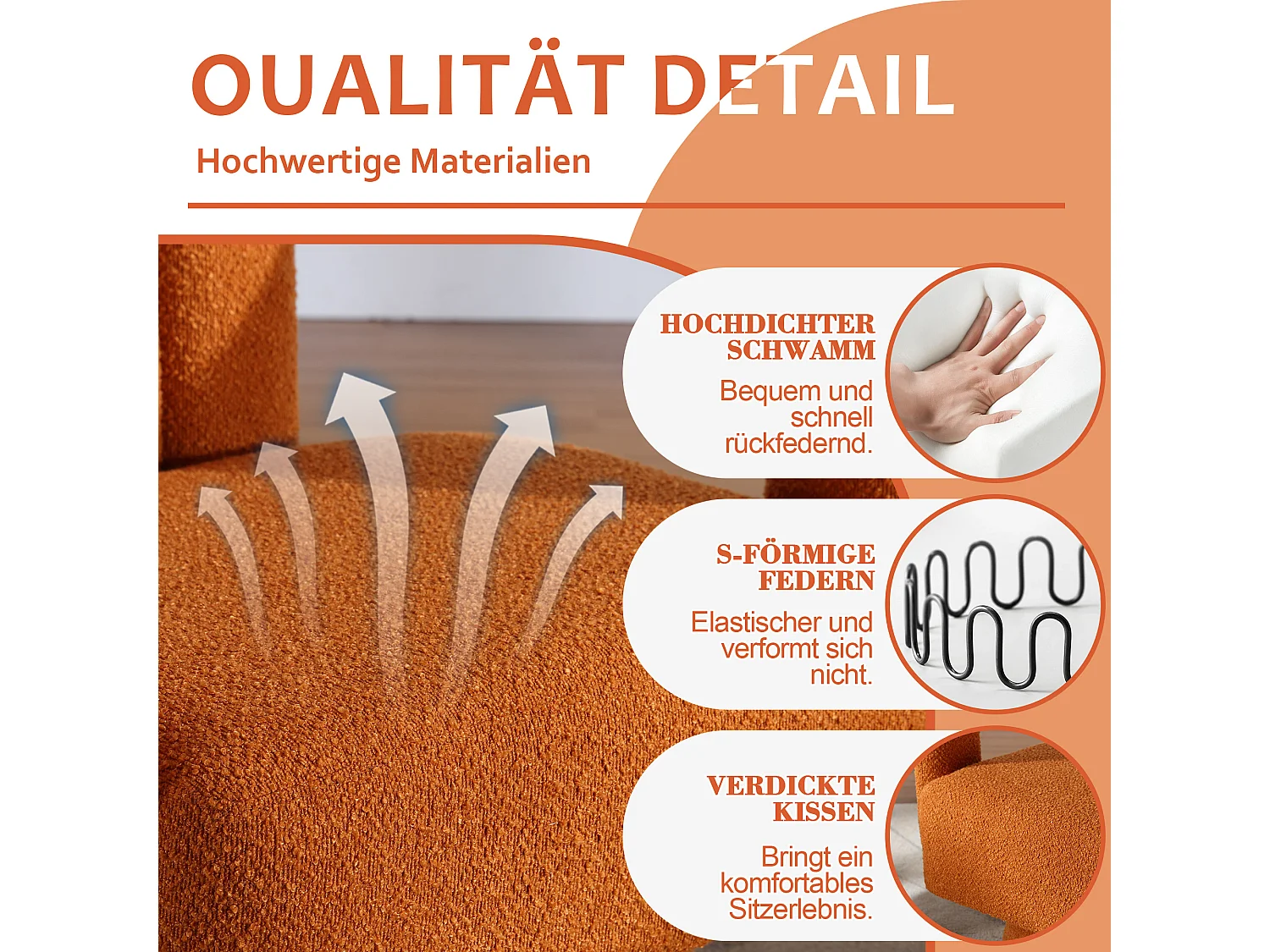 Fauteuils d'appoint pivotants à 360 degrés - 67 x 55 x 74 cm - avec coussins larges - Boucle - orange