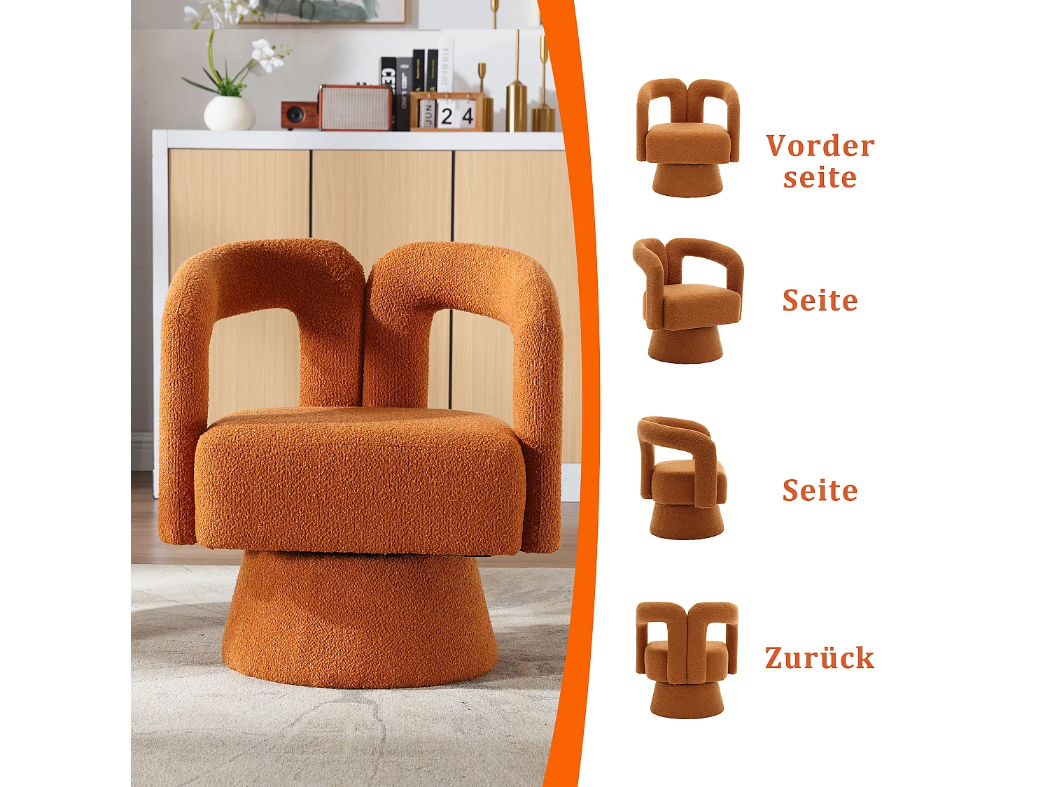 Fauteuils d'appoint pivotants à 360 degrés - 67 x 55 x 74 cm - avec coussins larges - Boucle - orange