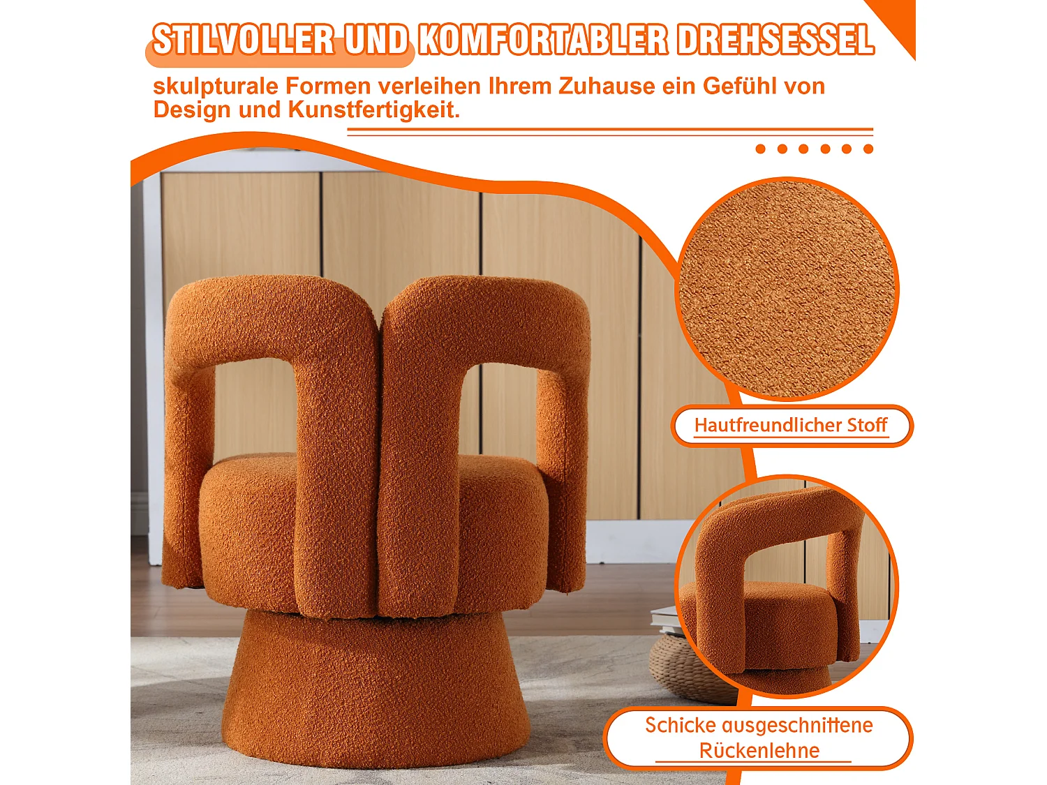 Fauteuils d'appoint pivotants à 360 degrés - 67 x 55 x 74 cm - avec coussins larges - Boucle - orange