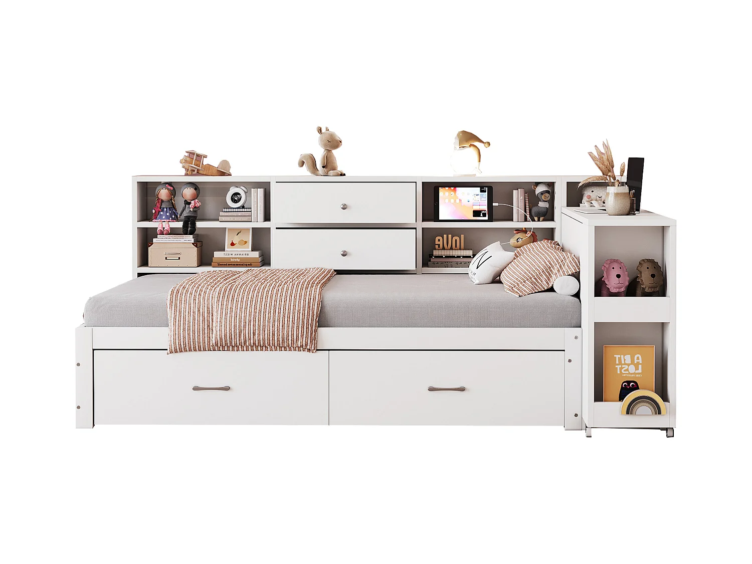 Canapé-lit enfant - 90 x 200 cm - avec rangement de étagères + 2 tiroirs + bureau coulissant - bois - blanc