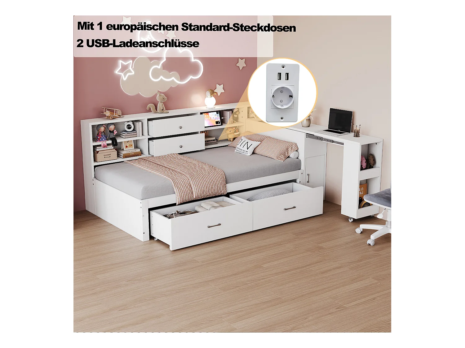 Canapé-lit enfant - 90 x 200 cm - avec rangement de étagères + 2 tiroirs + bureau coulissant - bois - blanc