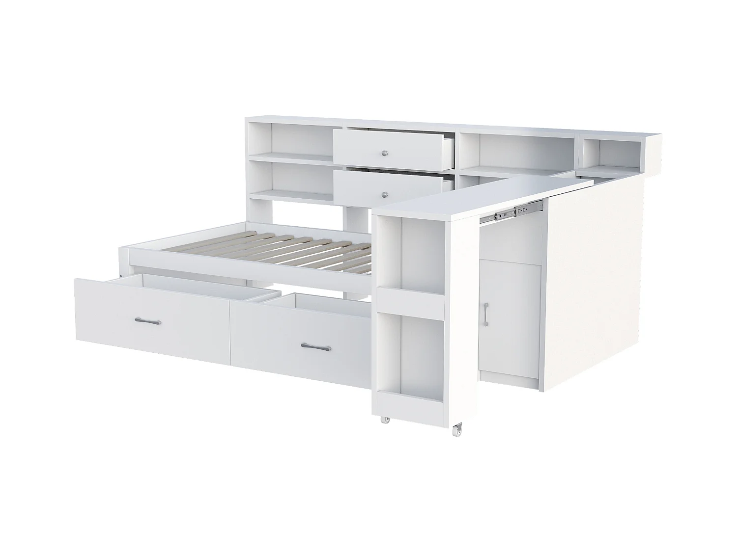 Canapé-lit enfant - 90 x 200 cm - avec rangement de étagères + 2 tiroirs + bureau coulissant - bois - blanc