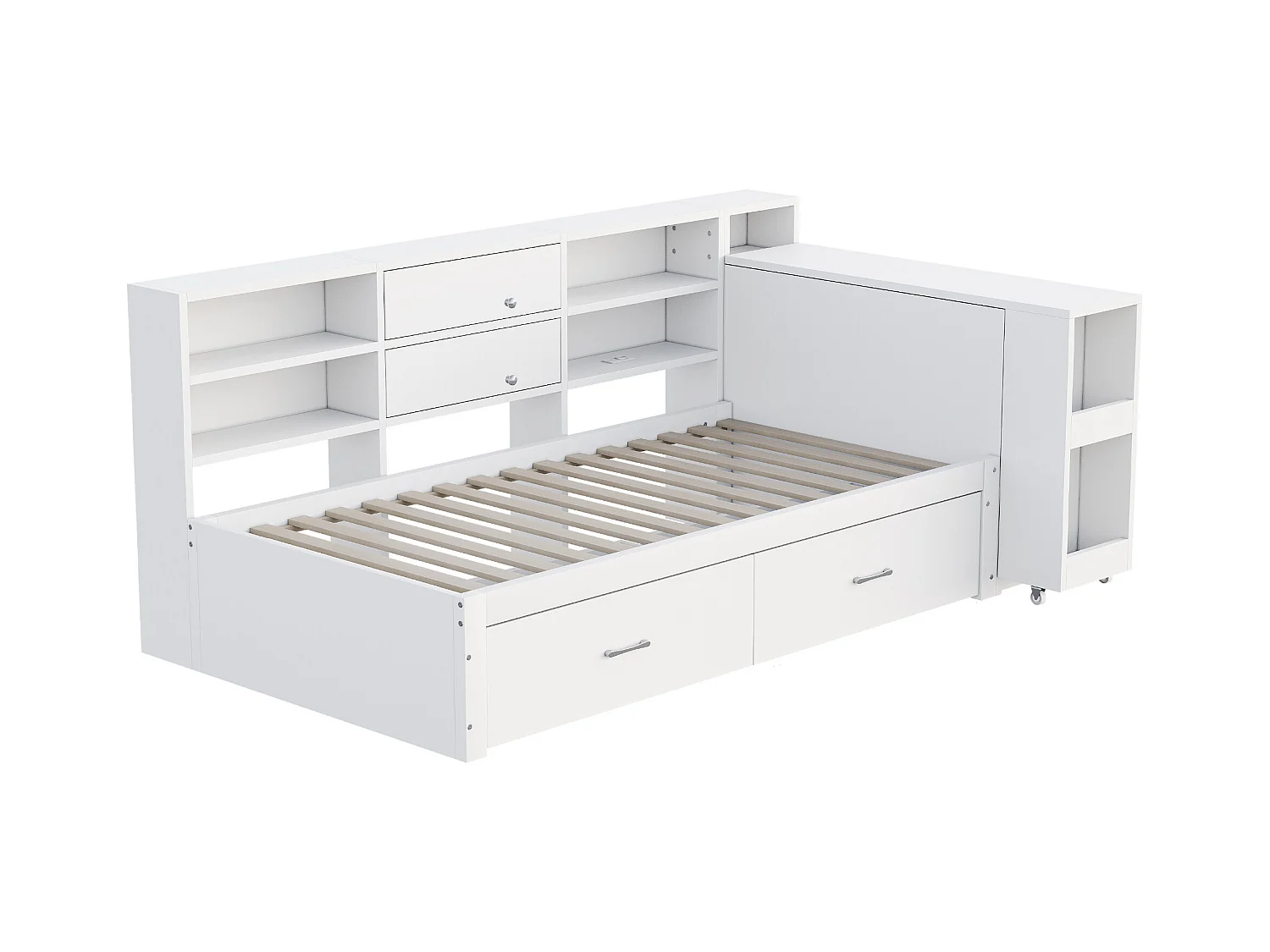 Canapé-lit enfant - 90 x 200 cm - avec rangement de étagères + 2 tiroirs + bureau coulissant - bois - blanc