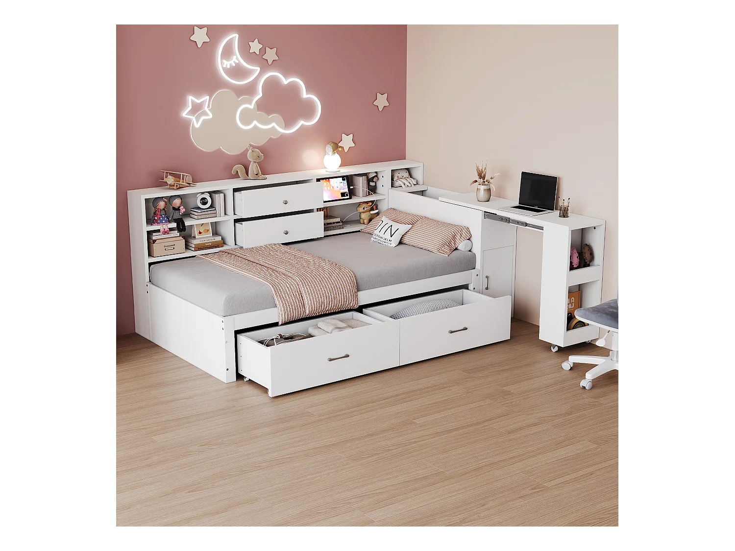 Kinderschlafsofa - 90 x 200 cm - mit Ablageflächen + 2 Schubladen + Schiebeschreibtisch - Holz - weiß