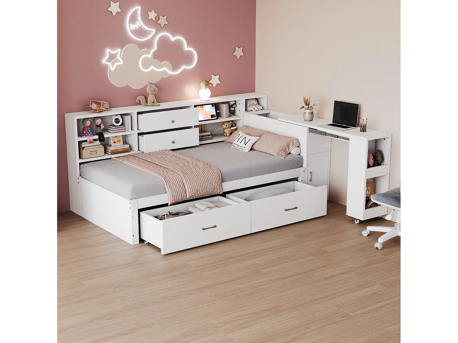 Canapé-lit enfant - 90 x 200 cm - avec rangement de étagères + 2 tiroirs + bureau coulissant - bois - blanc