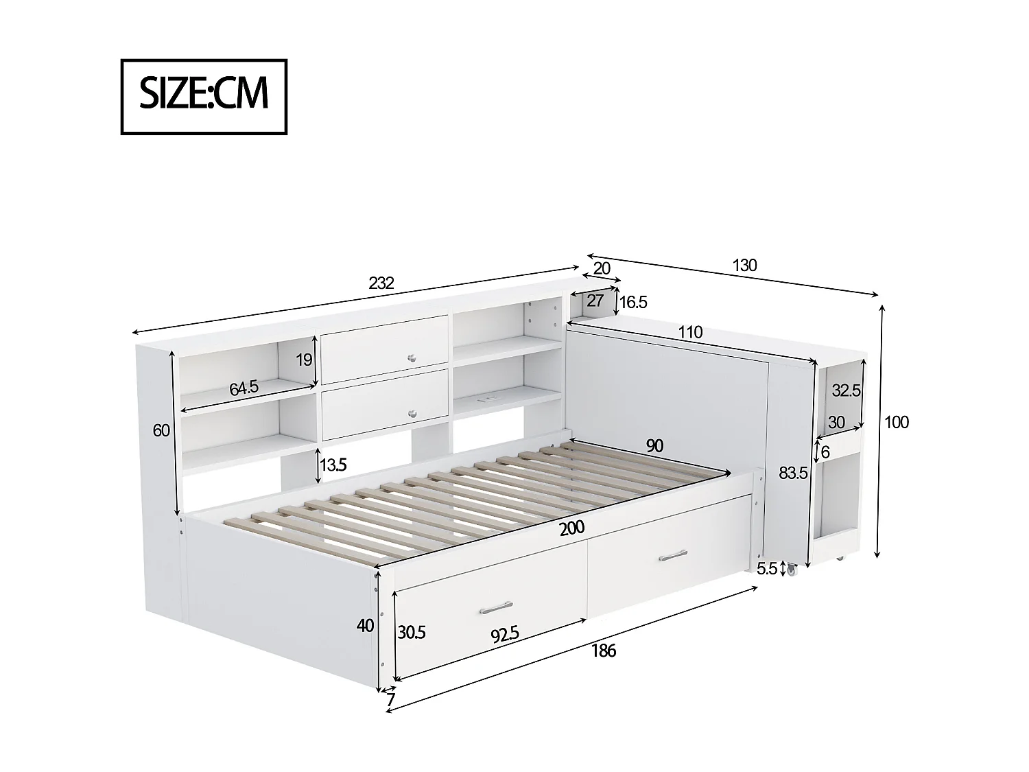 Canapé-lit enfant - 90 x 200 cm - avec rangement de étagères + 2 tiroirs + bureau coulissant - bois - blanc