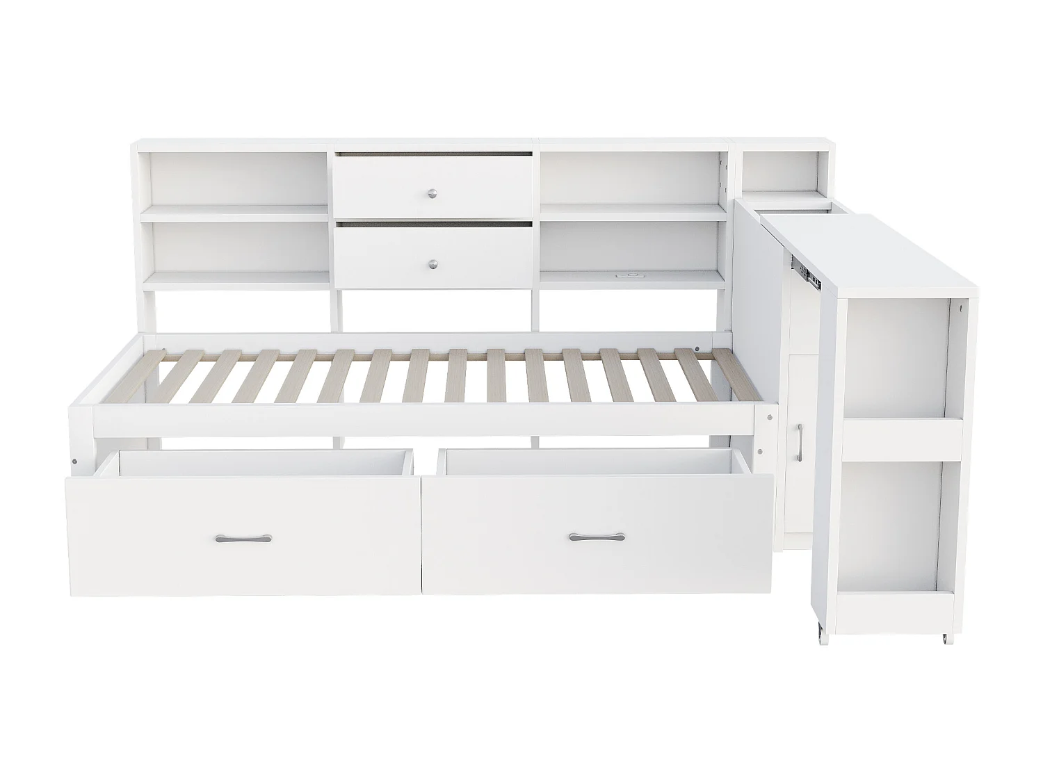 Canapé-lit enfant - 90 x 200 cm - avec rangement de étagères + 2 tiroirs + bureau coulissant - bois - blanc