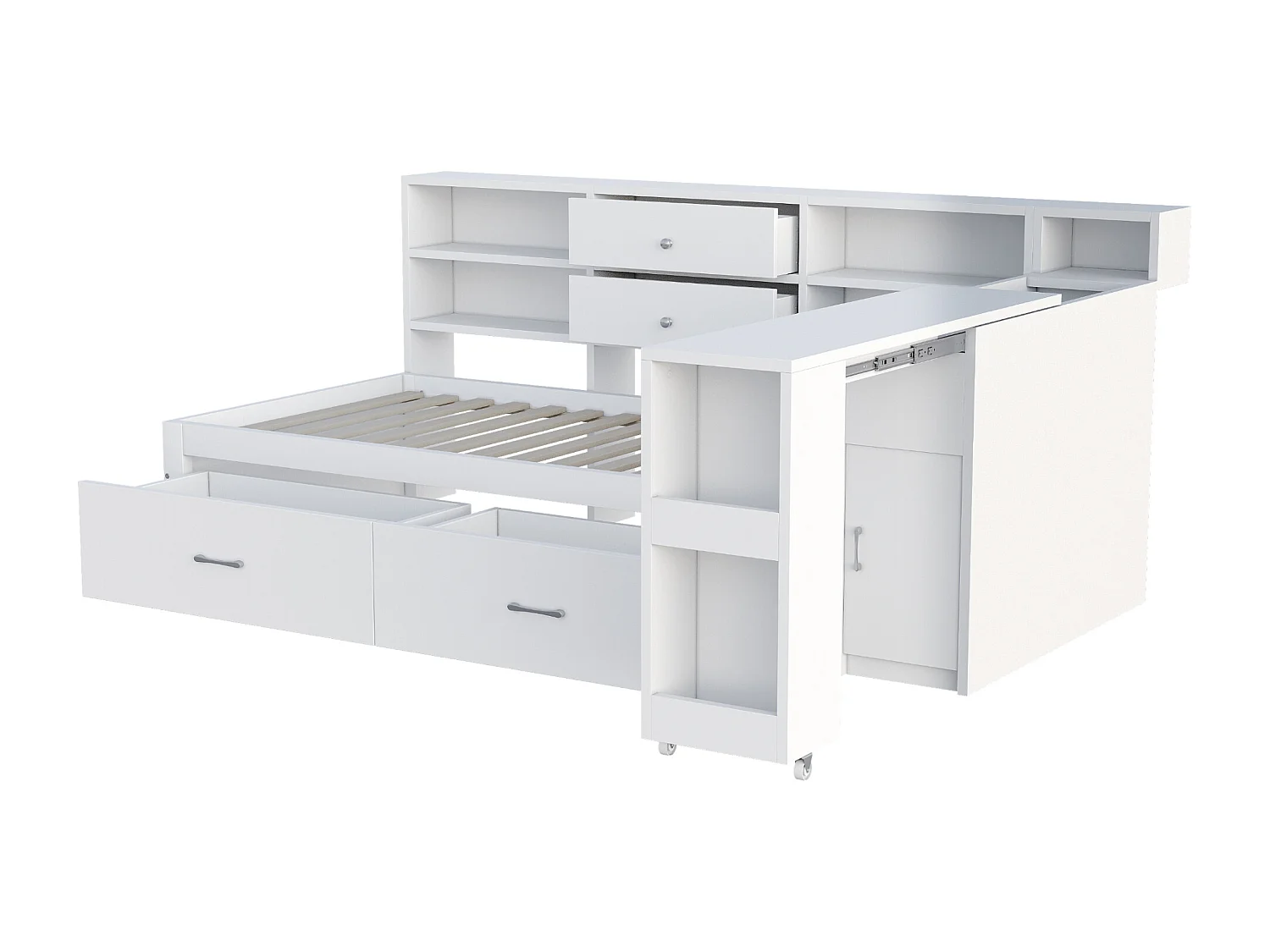 Canapé-lit enfant - 90 x 200 cm - avec rangement de étagères + 2 tiroirs + bureau coulissant - bois - blanc