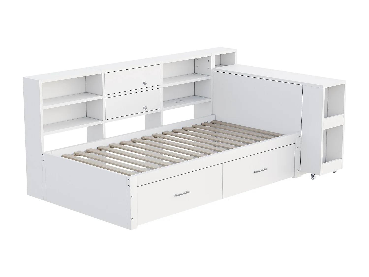 Canapé-lit enfant - 90 x 200 cm - avec rangement de étagères + 2 tiroirs + bureau coulissant - bois - blanc