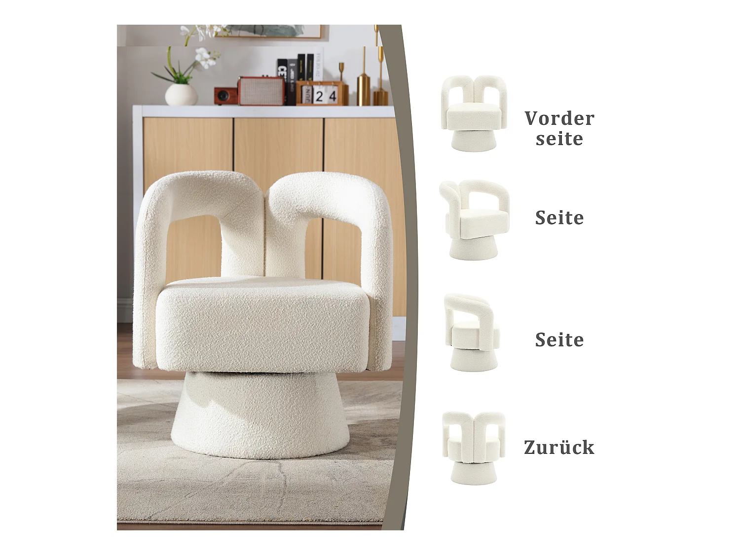 Fauteuils d'appoint pivotants à 360 degrés - 67 x 55 x 74 cm - avec coussins larges - Boucle - beige